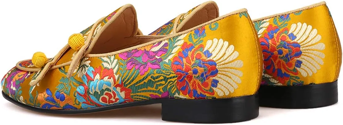 HI&HANN Men Silk Shoes Chinese Style Flower Men's Loafers Wedding and Party Smoking Slippers