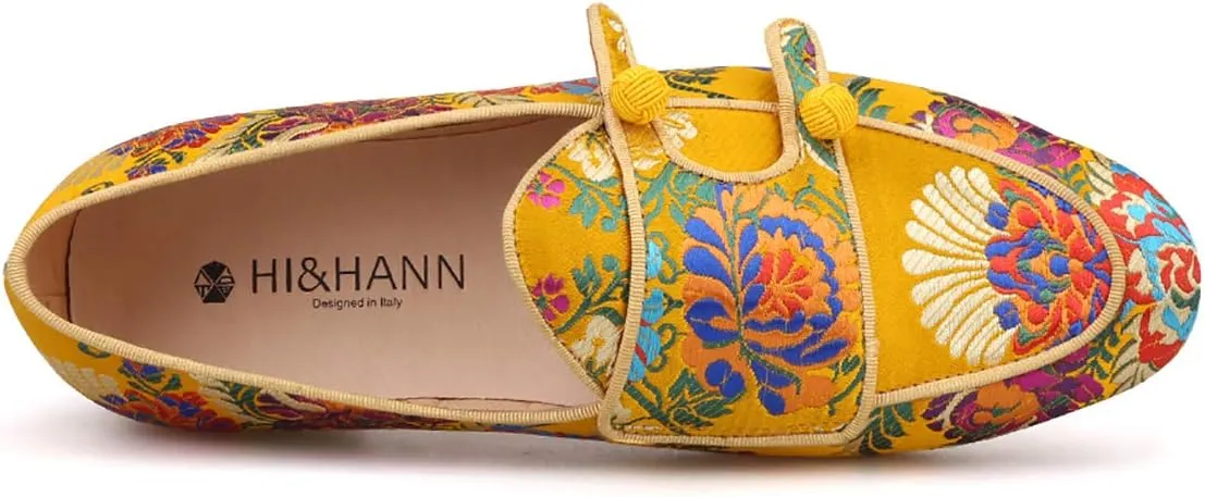 HI&HANN Men Silk Shoes Chinese Style Flower Men's Loafers Wedding and Party Smoking Slippers