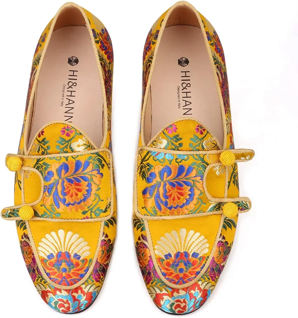 HI&HANN Men Silk Shoes Chinese Style Flower Men's Loafers Wedding and Party Smoking Slippers