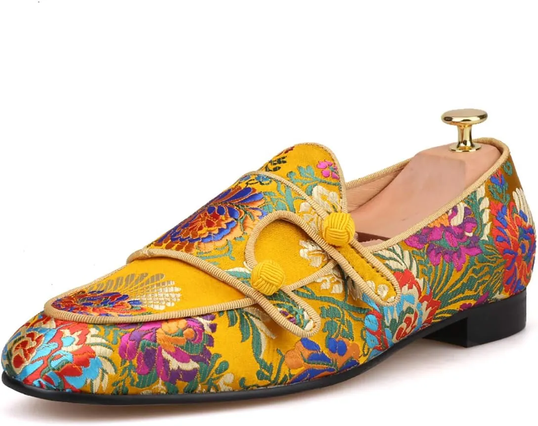 HI&HANN Men Silk Shoes Chinese Style Flower Men's Loafers Wedding and Party Smoking Slippers