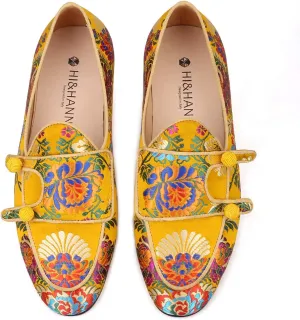 HI&HANN Men Silk Shoes Chinese Style Flower Men's Loafers Wedding and Party Smoking Slippers