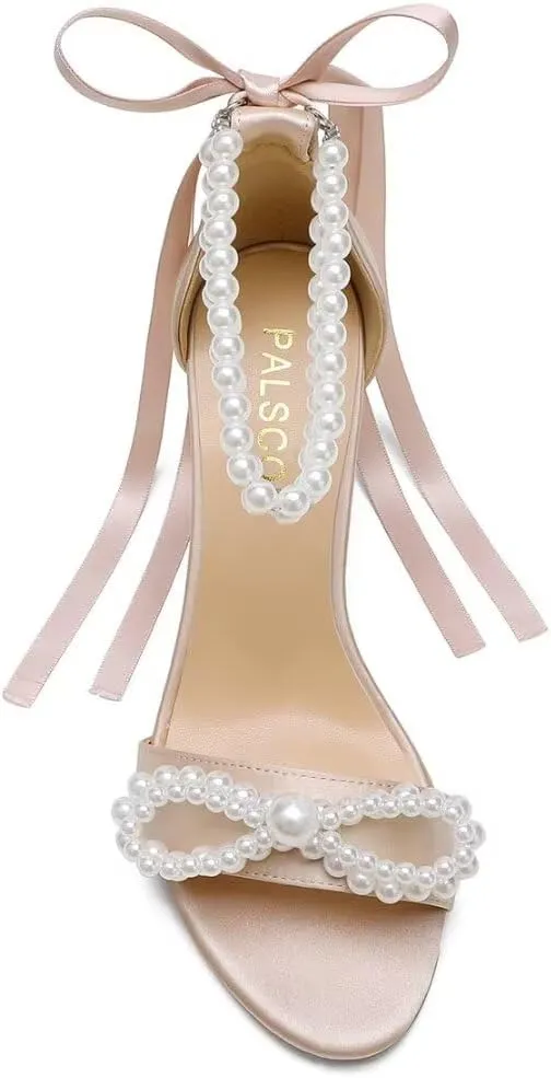 High Block Heel Wedding Sandals Pearl Heels with bow Open Toe Wedding Shoes for Bride
