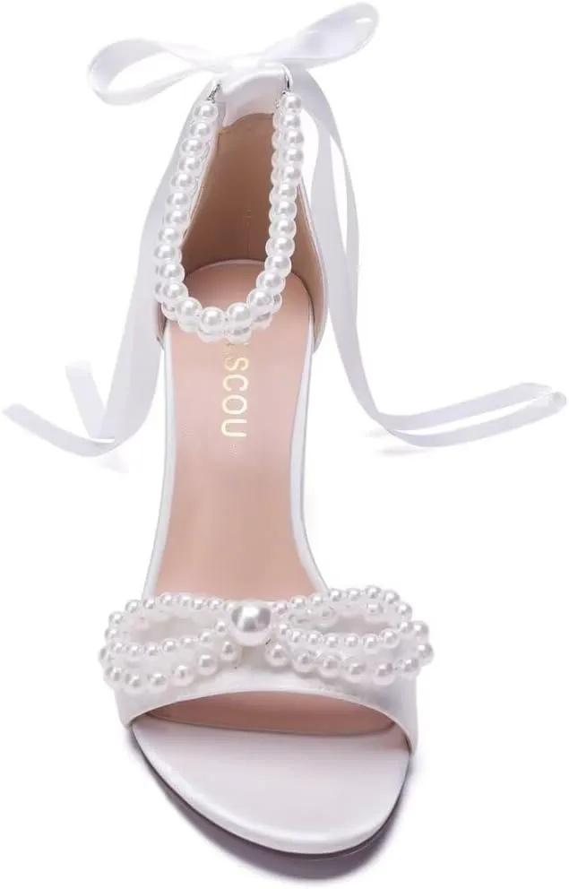 High Block Heel Wedding Sandals Pearl Heels with bow Open Toe Wedding Shoes for Bride