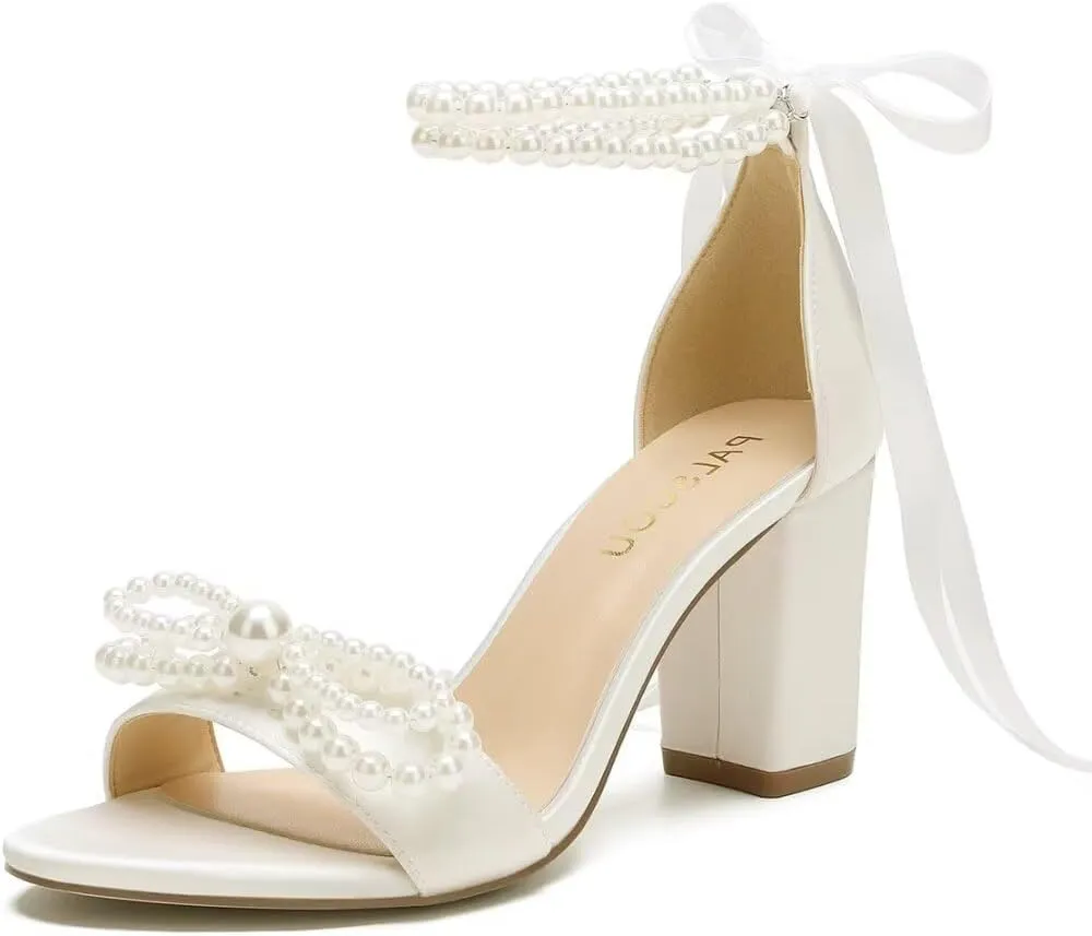 High Block Heel Wedding Sandals Pearl Heels with bow Open Toe Wedding Shoes for Bride