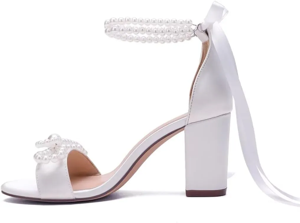 High Block Heel Wedding Sandals Pearl Heels with bow Open Toe Wedding Shoes for Bride