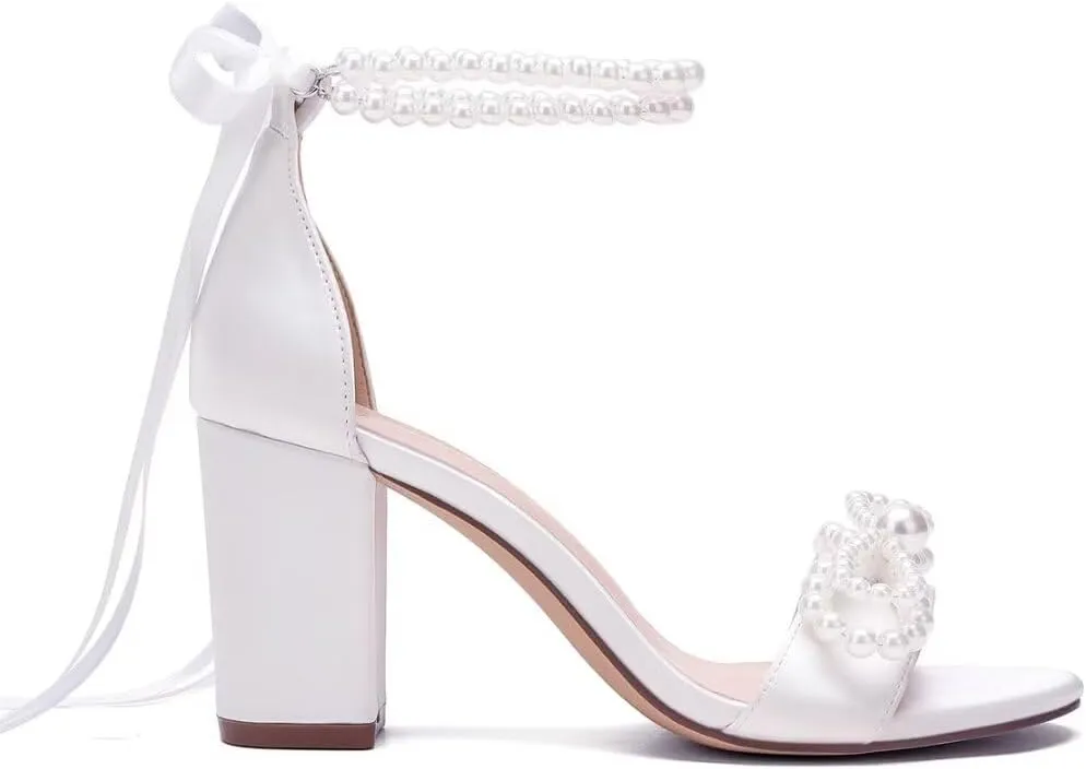 High Block Heel Wedding Sandals Pearl Heels with bow Open Toe Wedding Shoes for Bride