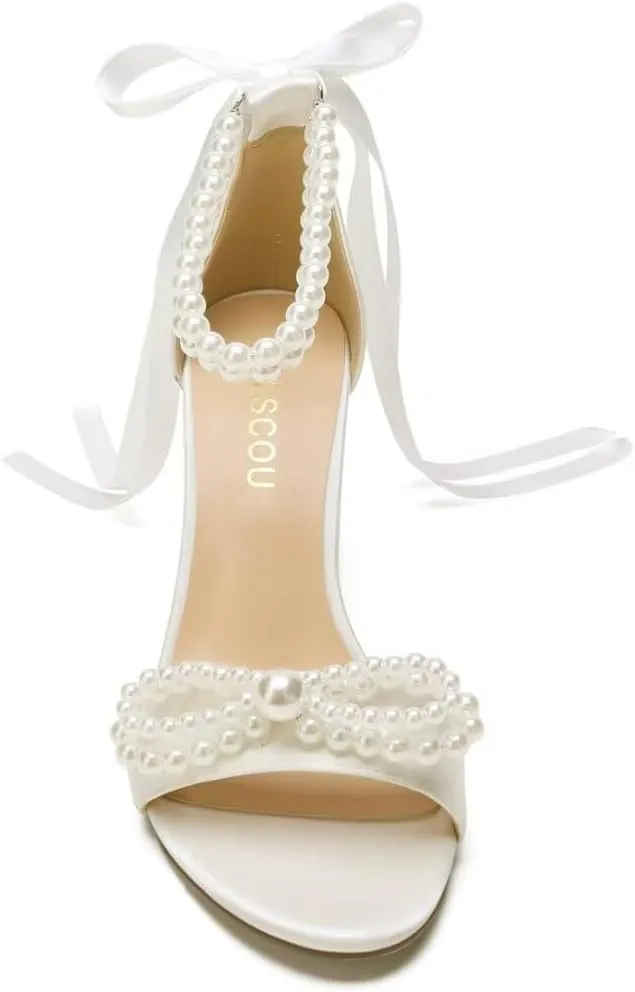 High Block Heel Wedding Sandals Pearl Heels with bow Open Toe Wedding Shoes for Bride