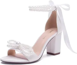High Block Heel Wedding Sandals Pearl Heels with bow Open Toe Wedding Shoes for Bride