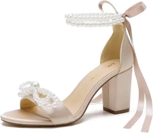 High Block Heel Wedding Sandals Pearl Heels with bow Open Toe Wedding Shoes for Bride