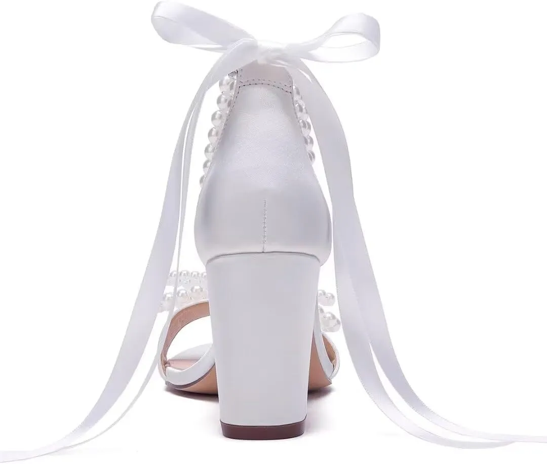 High Block Heel Wedding Sandals Pearl Heels with bow Open Toe Wedding Shoes for Bride