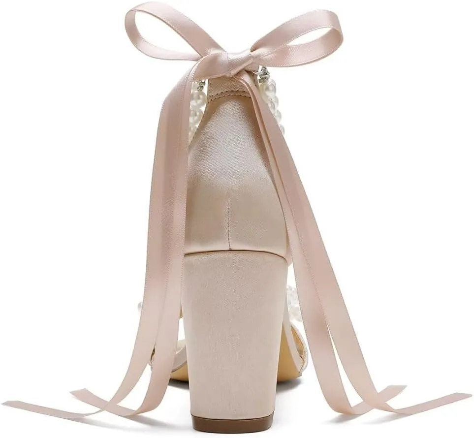 High Block Heel Wedding Sandals Pearl Heels with bow Open Toe Wedding Shoes for Bride
