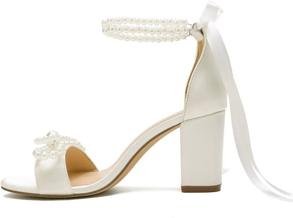 High Block Heel Wedding Sandals Pearl Heels with bow Open Toe Wedding Shoes for Bride