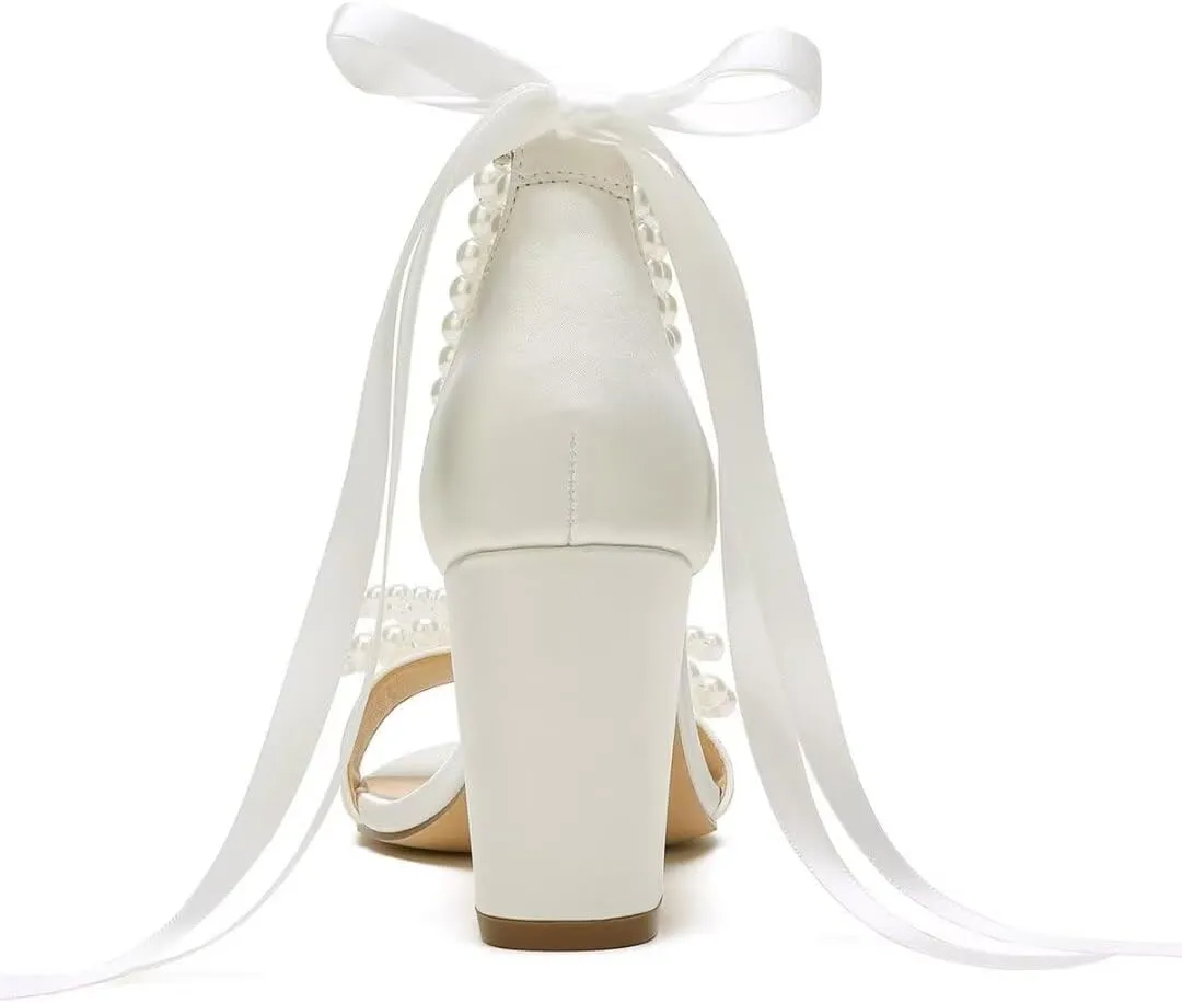 High Block Heel Wedding Sandals Pearl Heels with bow Open Toe Wedding Shoes for Bride