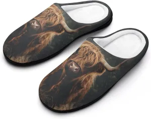 Highland Cow Mens Slippers Casual Slip On Warm House Shoes with Rubber Sole Indoor Outdoor