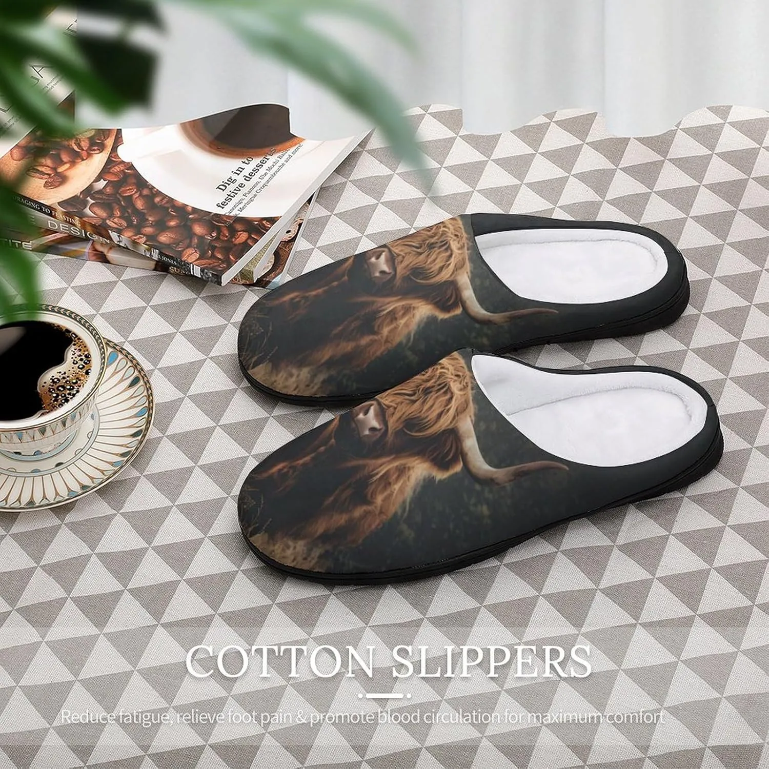 Highland Cow Mens Slippers Casual Slip On Warm House Shoes with Rubber Sole Indoor Outdoor