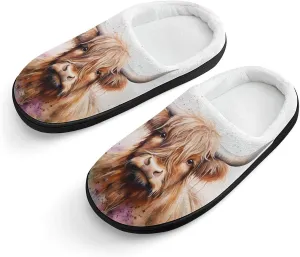 Highland Cow Watercolour Funny Flannel Cotton Slippers Comfy House Shoes Non-Slip Washable Winter Warm Gifts