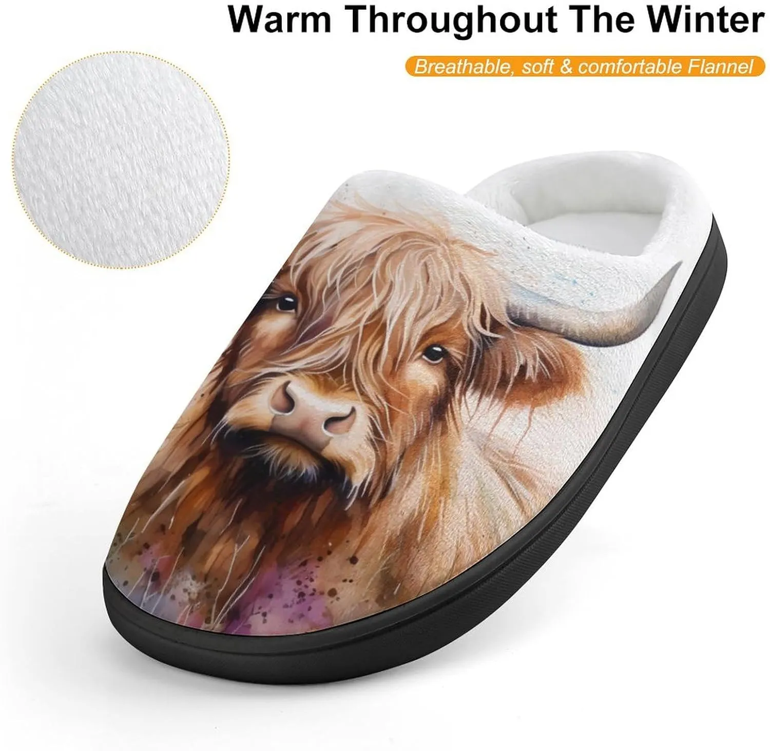 Highland Cow Watercolour Funny Flannel Cotton Slippers Comfy House Shoes Non-Slip Washable Winter Warm Gifts