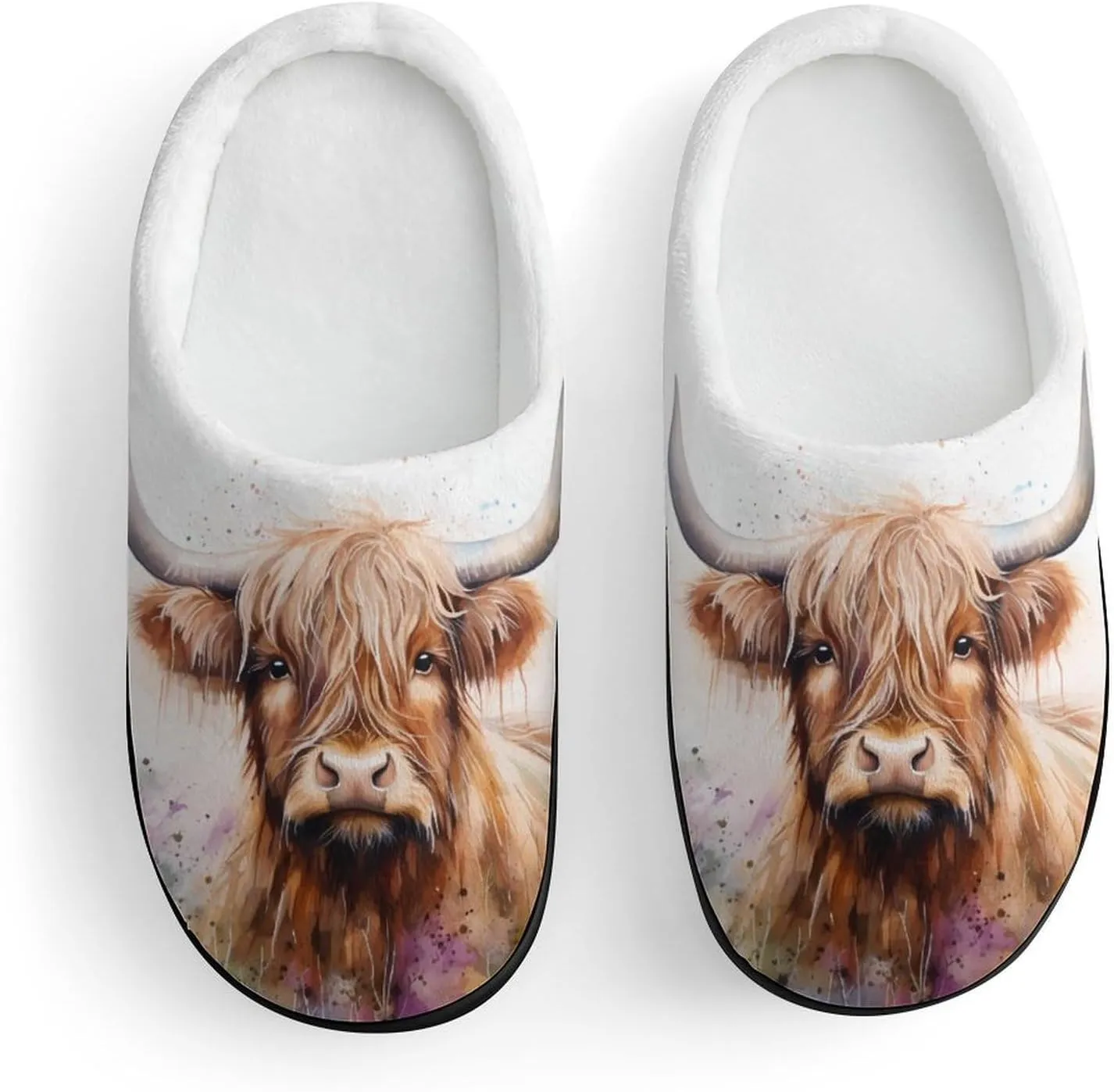 Highland Cow Watercolour Funny Flannel Cotton Slippers Comfy House Shoes Non-Slip Washable Winter Warm Gifts