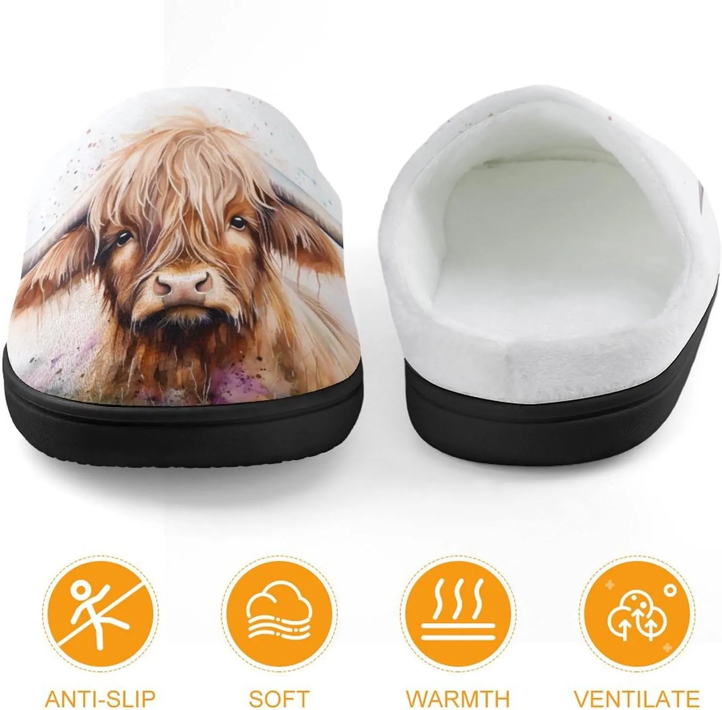Highland Cow Watercolour Funny Flannel Cotton Slippers Comfy House Shoes Non-Slip Washable Winter Warm Gifts