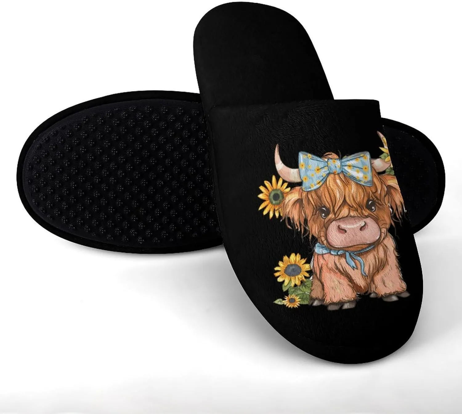 Highland Cow With Sunflowers Men's Cotton Slippers Closed Toe Slipper for Spa Hotel Bedoom