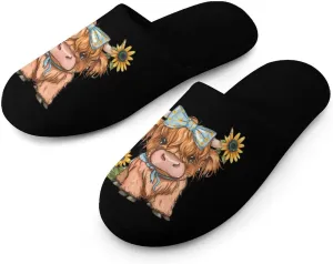 Highland Cow With Sunflowers Men's Cotton Slippers Closed Toe Slipper for Spa Hotel Bedoom