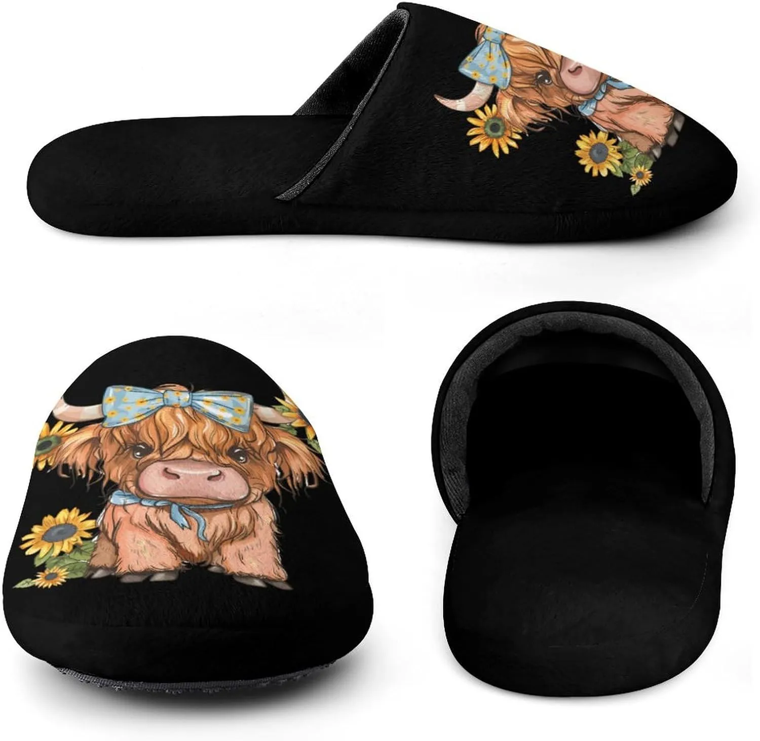 Highland Cow With Sunflowers Men's Cotton Slippers Closed Toe Slipper for Spa Hotel Bedoom