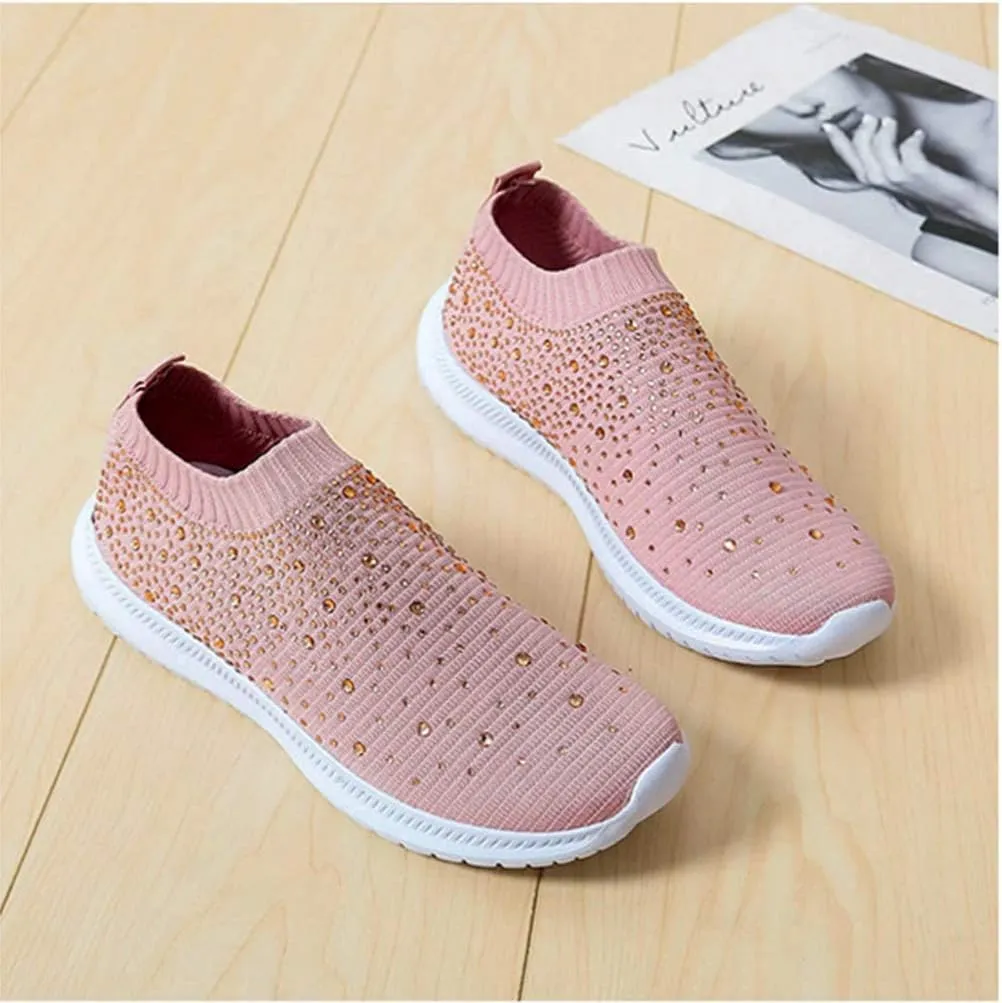 HINDOLA Women's Mesh Walking Shoes Rhinestone Glitter Slip On Ballroom Jazz Latin Dance Sock Sneakers Casual Shoes