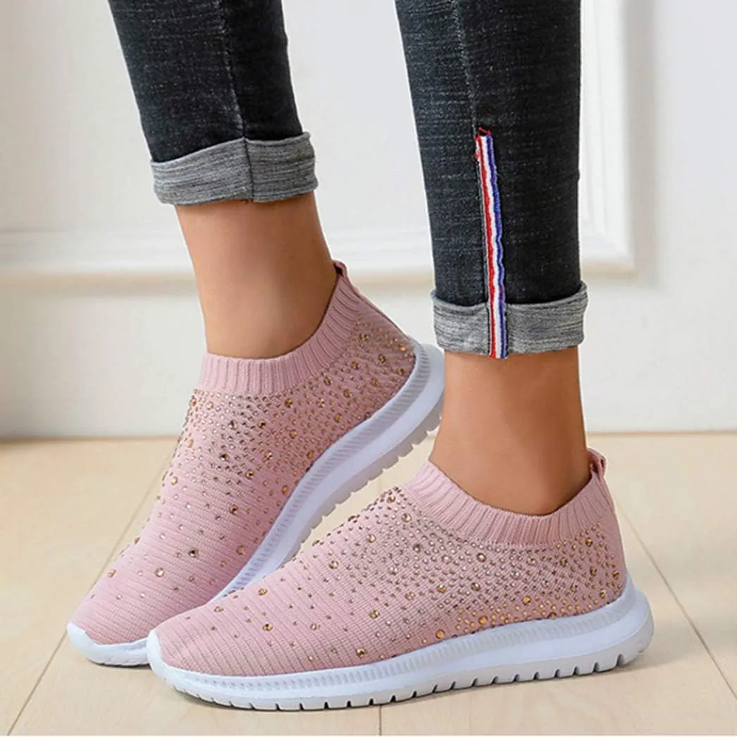 HINDOLA Women's Mesh Walking Shoes Rhinestone Glitter Slip On Ballroom Jazz Latin Dance Sock Sneakers Casual Shoes
