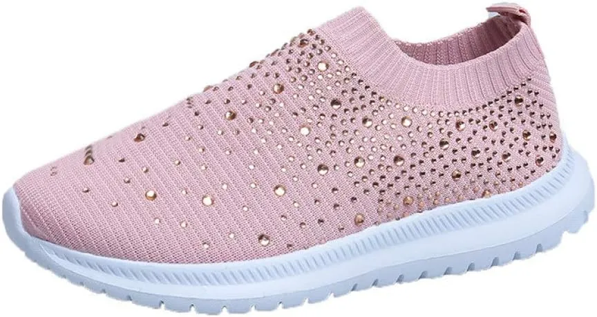 HINDOLA Women's Mesh Walking Shoes Rhinestone Glitter Slip On Ballroom Jazz Latin Dance Sock Sneakers Casual Shoes