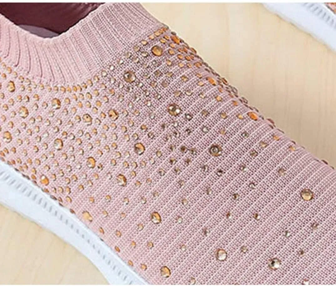 HINDOLA Women's Mesh Walking Shoes Rhinestone Glitter Slip On Ballroom Jazz Latin Dance Sock Sneakers Casual Shoes