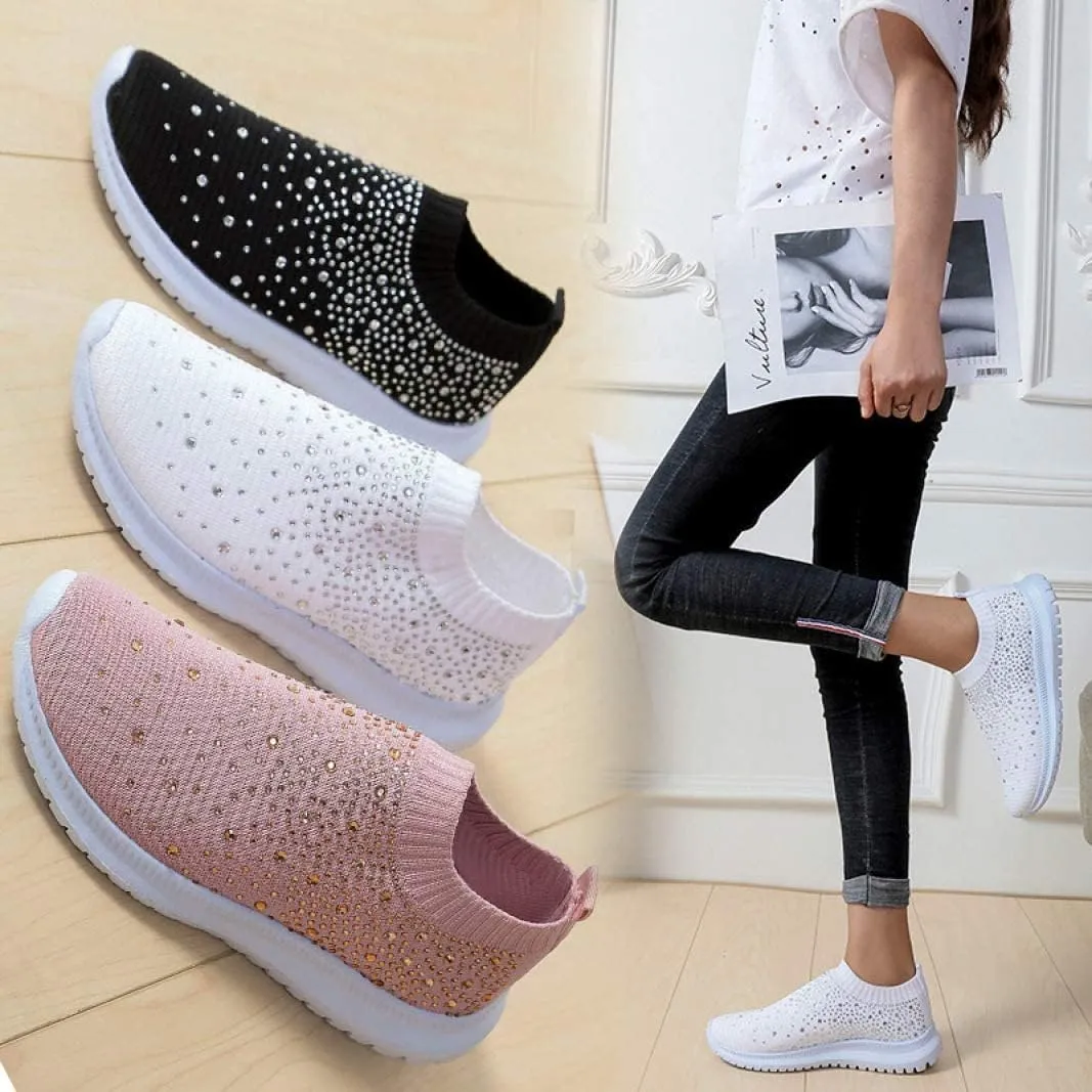 HINDOLA Women's Mesh Walking Shoes Rhinestone Glitter Slip On Ballroom Jazz Latin Dance Sock Sneakers Casual Shoes