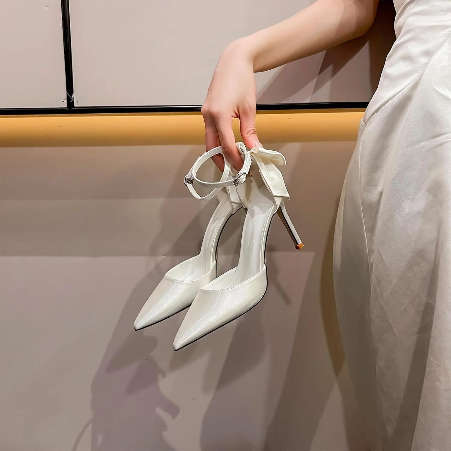 HIPPOSEUS Women's Satin Pumps Stiletto Heel Pointed Toe Bridal Shoes Bow Wedding Party Shoes
