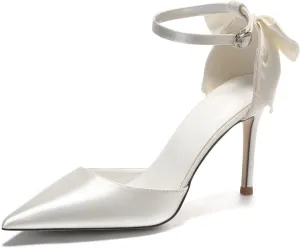 HIPPOSEUS Women's Satin Pumps Stiletto Heel Pointed Toe Bridal Shoes Bow Wedding Party Shoes
