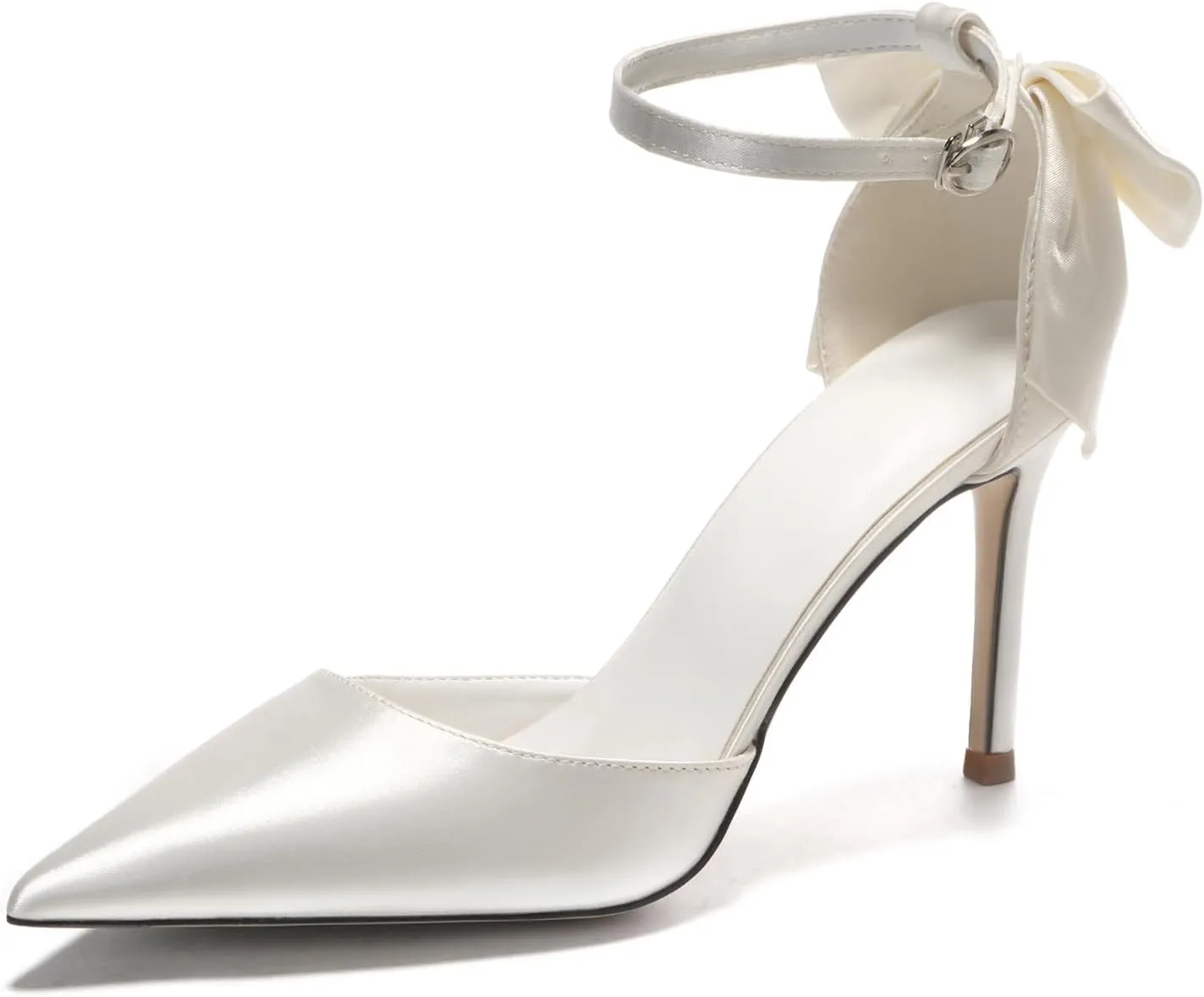 HIPPOSEUS Women's Satin Pumps Stiletto Heel Pointed Toe Bridal Shoes Bow Wedding Party Shoes
