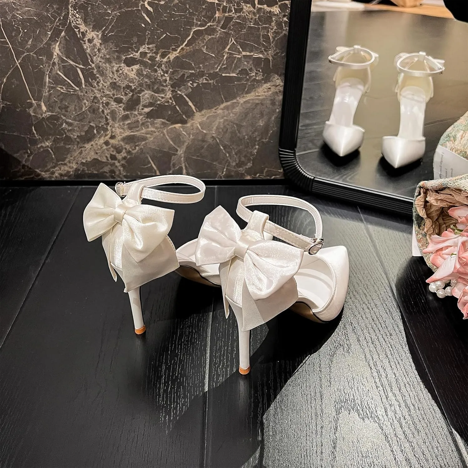 HIPPOSEUS Women's Satin Pumps Stiletto Heel Pointed Toe Bridal Shoes Bow Wedding Party Shoes
