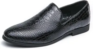HOOENG Formal Shoes for Men Slip On Pointed Burnished Toe Crocodile Print Loafer Non Slip Low Top Block Heel Rubber Sole Anti-Slip Working