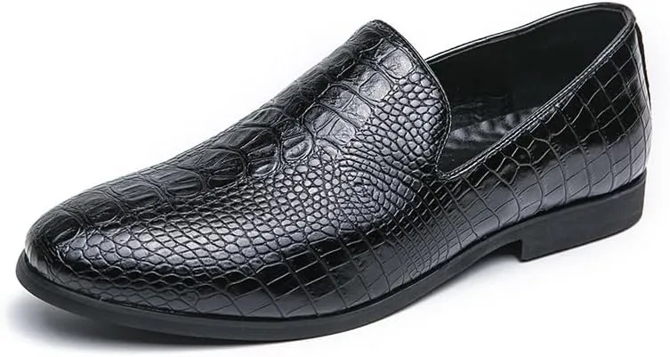 HOOENG Formal Shoes for Men Slip On Pointed Burnished Toe Crocodile Print Loafer Non Slip Low Top Block Heel Rubber Sole Anti-Slip Working