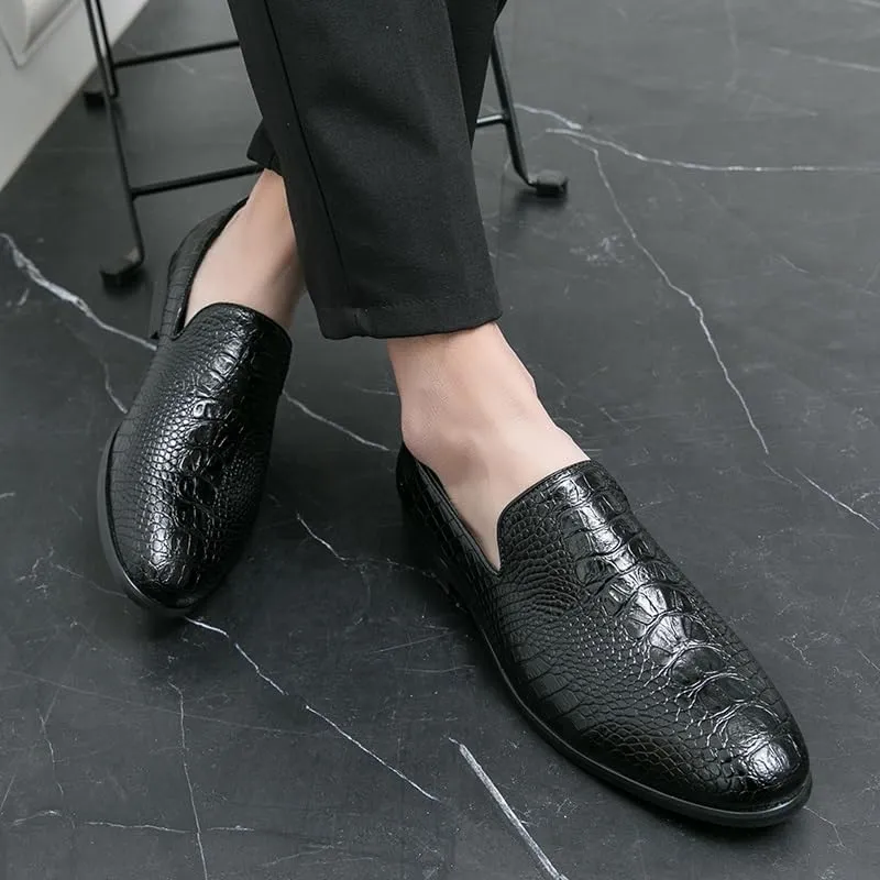 HOOENG Formal Shoes for Men Slip On Pointed Burnished Toe Crocodile Print Loafer Non Slip Low Top Block Heel Rubber Sole Anti-Slip Working