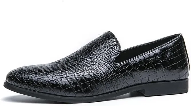 HOOENG Formal Shoes for Men Slip On Pointed Burnished Toe Crocodile Print Loafer Non Slip Low Top Block Heel Rubber Sole Anti-Slip Working