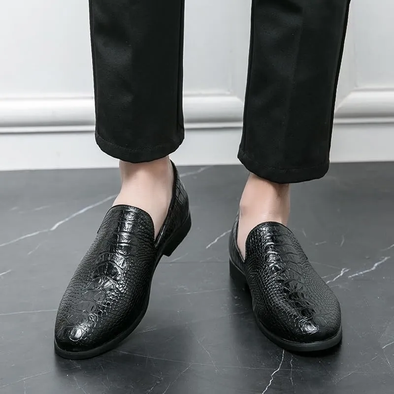 HOOENG Formal Shoes for Men Slip On Pointed Burnished Toe Crocodile Print Loafer Non Slip Low Top Block Heel Rubber Sole Anti-Slip Working
