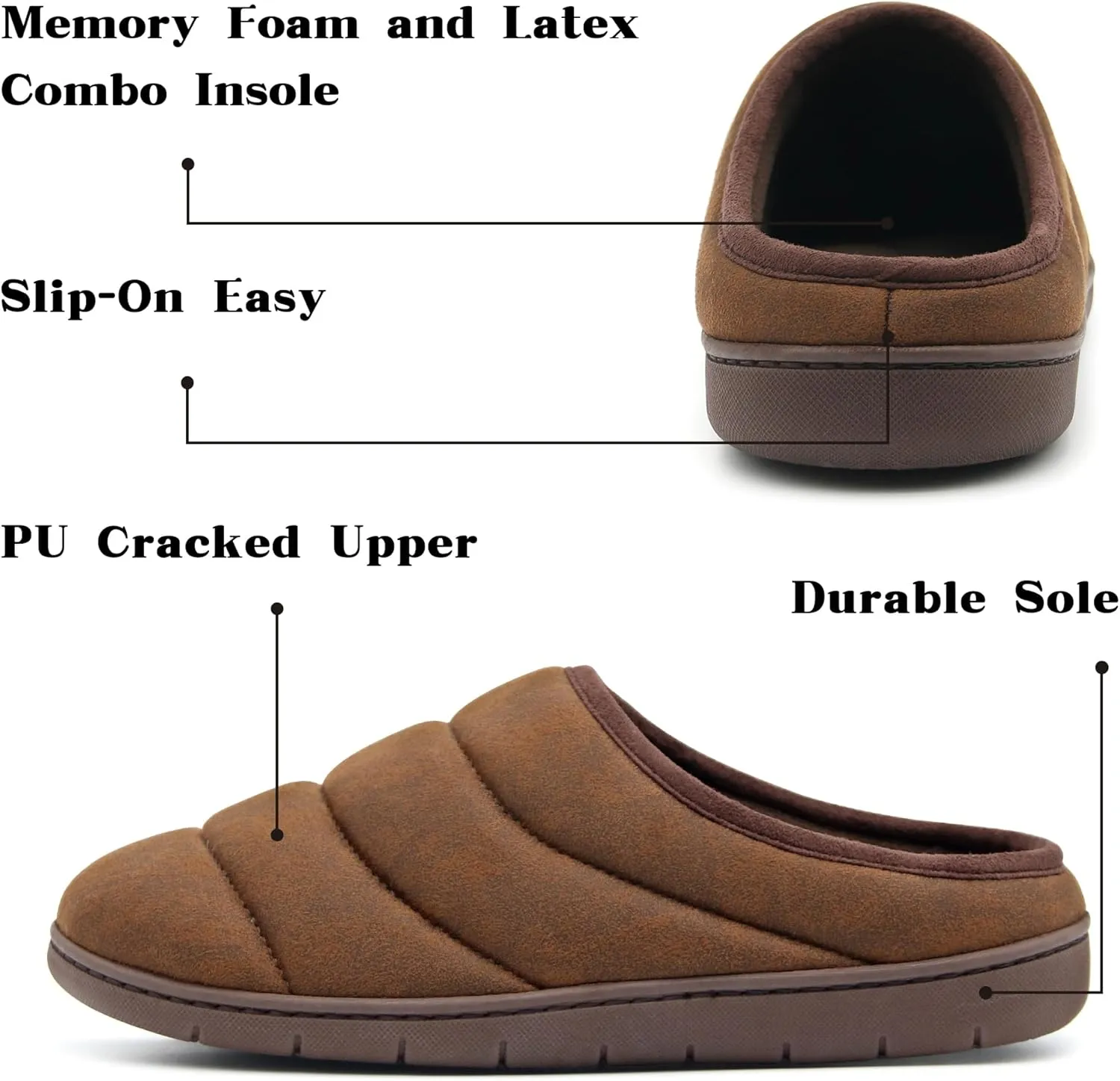House Slippers for Men, Memory Foam Comfy Mens Slippers with Arch Support, Slip On Men's Bedroom Slipper with Rubber Sole Indoor Outdoor