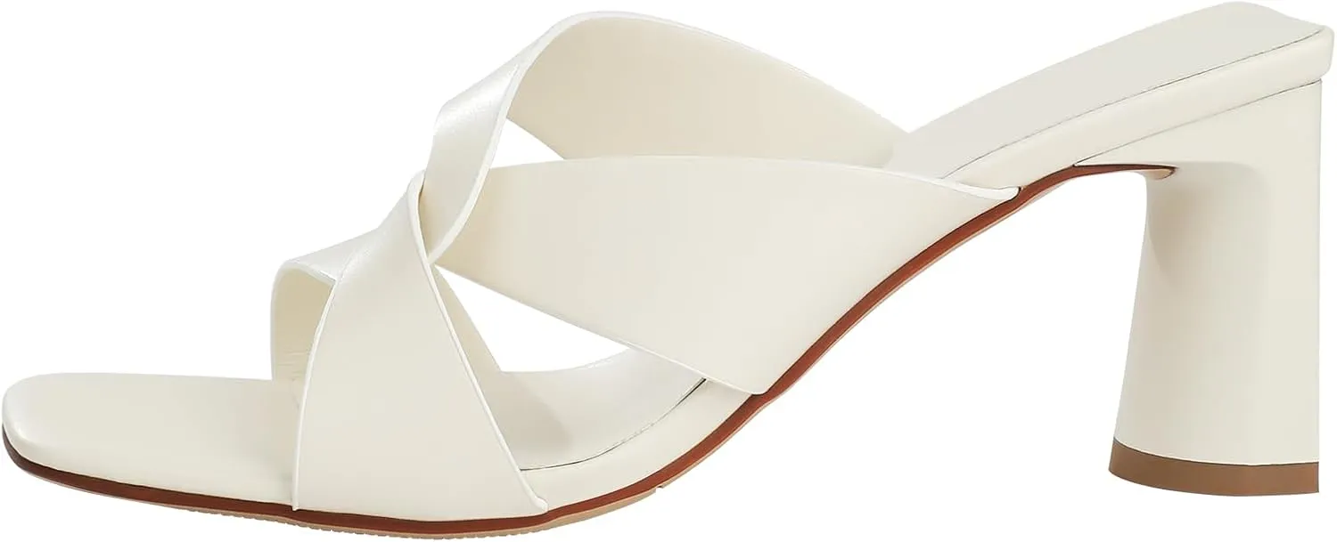 Husmeu Women's High Heeled Sandals for Women Dreesey Summer Mules Square Toe Slip on Heels Chunky Block Heels Sandals