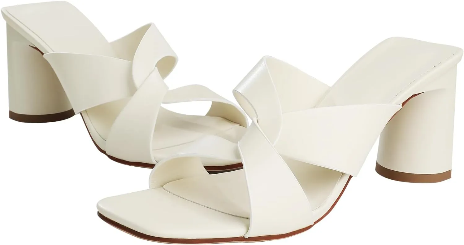 Husmeu Women's High Heeled Sandals for Women Dreesey Summer Mules Square Toe Slip on Heels Chunky Block Heels Sandals