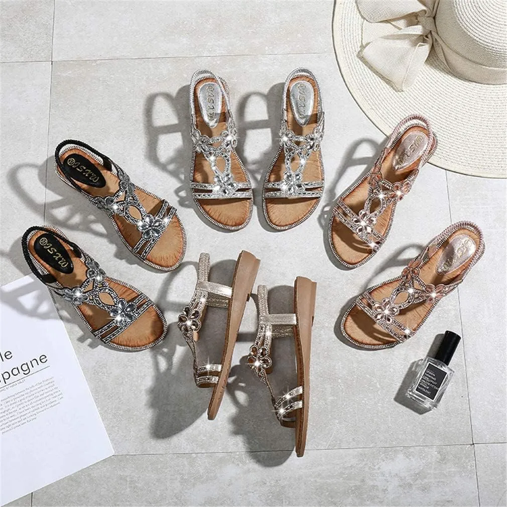 ICEGIA Women's Flat Sandals Summer Beach Sandal T-Strap Rhinestone Beaded Bohemia Shoes
