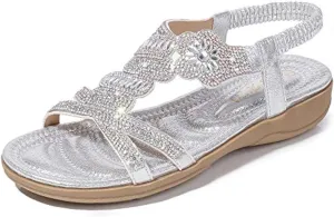 ICEGIA Women's Flat Sandals Summer Beach Sandal T-Strap Rhinestone Beaded Bohemia Shoes