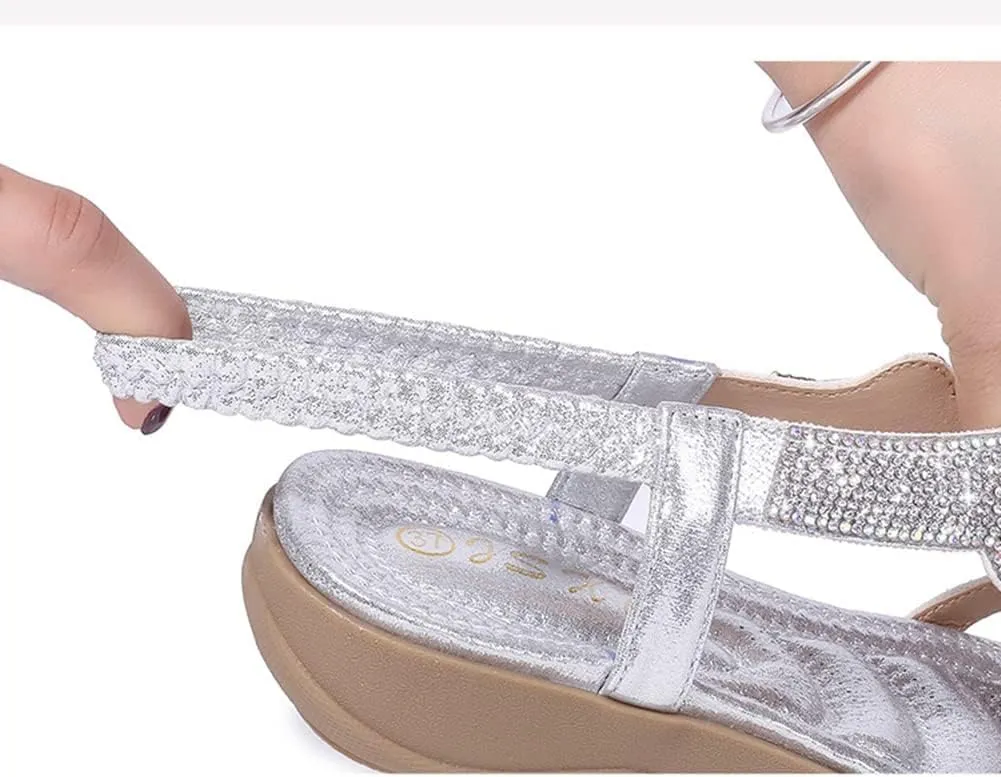 ICEGIA Women's Flat Sandals Summer Beach Sandal T-Strap Rhinestone Beaded Bohemia Shoes