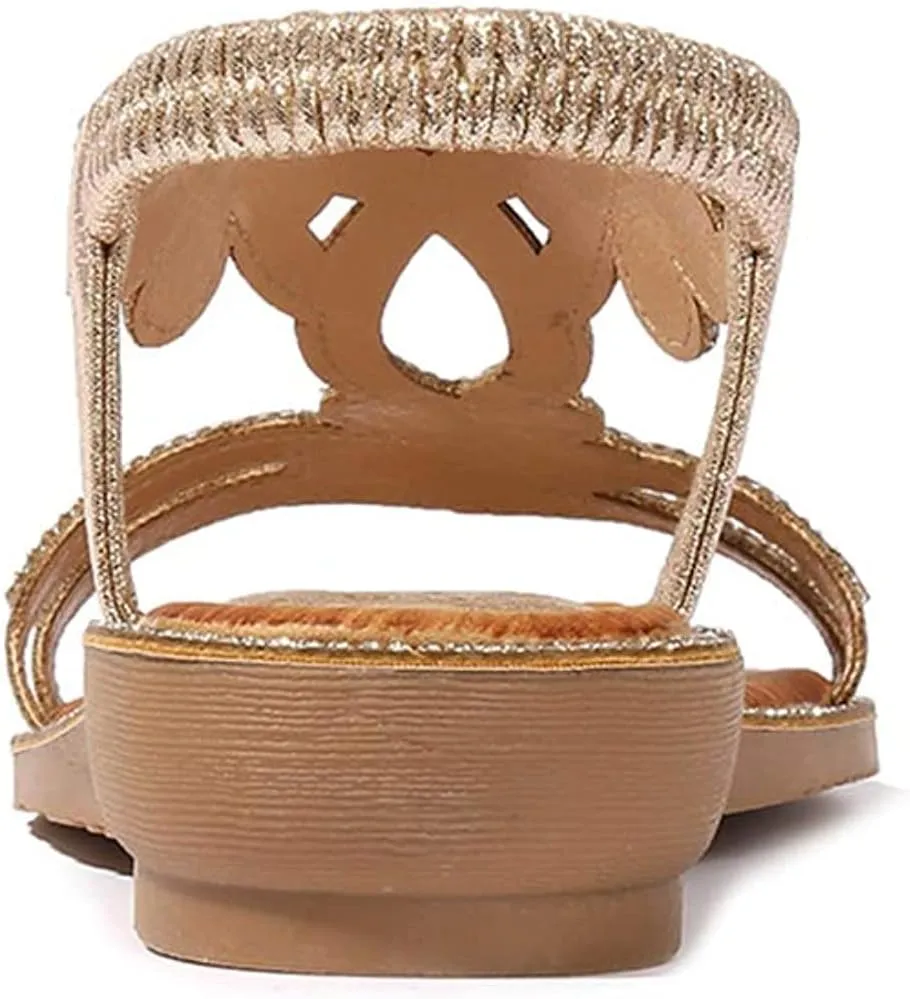 ICEGIA Women's Flat Sandals Summer Beach Sandal T-Strap Rhinestone Beaded Bohemia Shoes