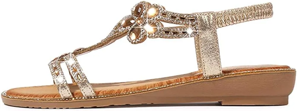 ICEGIA Women's Flat Sandals Summer Beach Sandal T-Strap Rhinestone Beaded Bohemia Shoes