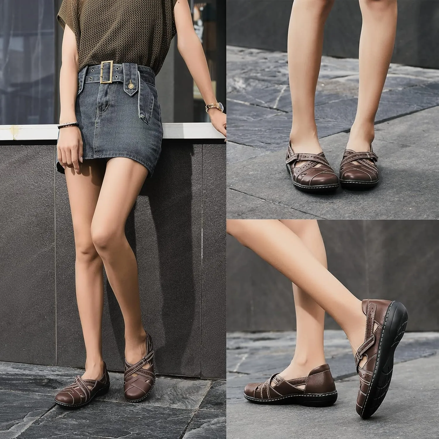 Irrefour Women's Classic Genuine Leather Casual Loafer Cute Slip-On Fashion Closed Toe Flat Sandal Comfy Work Sandal Everyday Walking Shoe