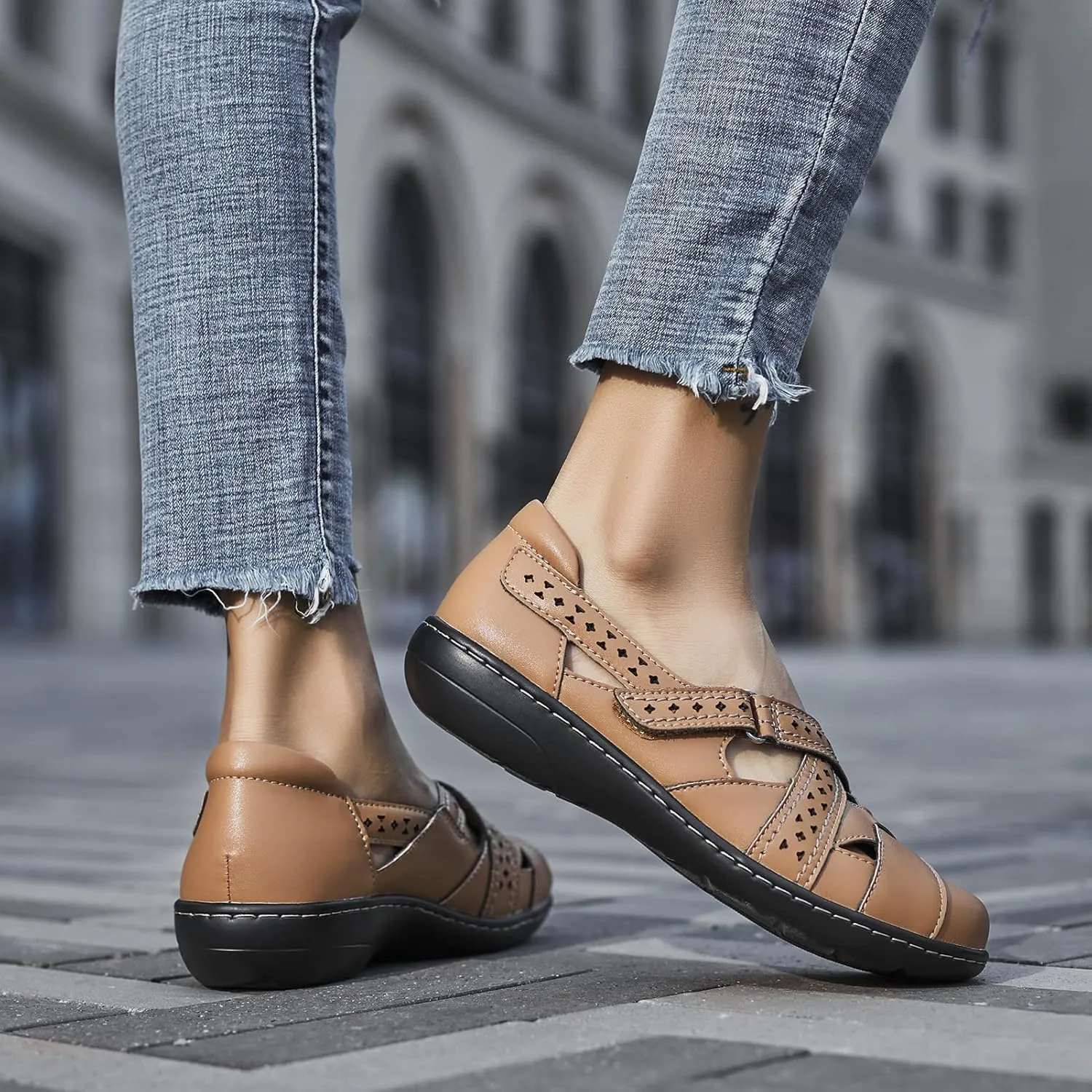 Irrefour Women's Classic Genuine Leather Casual Loafer Cute Slip-On Fashion Closed Toe Flat Sandal Comfy Work Sandal Everyday Walking Shoe